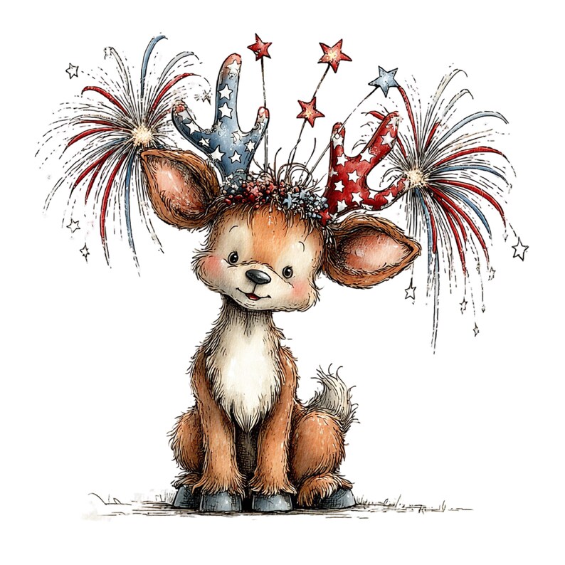 Puede incluir: Ilustraci&oacute;n en acuarela de un ciervo con decoraciones patri&oacute;ticas. El ciervo tiene cuernos adornados con estrellas y fuegos artificiales rojos, blancos y azules. El ciervo es marr&oacute;n con el pecho blanco y est&aacute; sentado.
