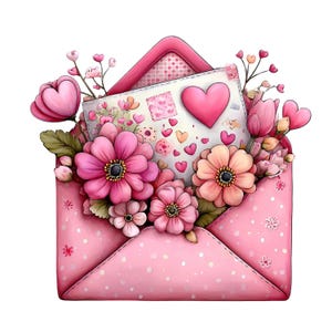 May include: A pink envelope with a white card and floral arrangement. The card features a pink heart and other heart-shaped designs. The envelope is filled with pink flowers, buds, and greenery, creating a romantic and decorative design.