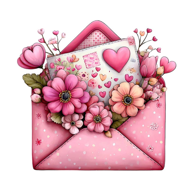 May include: A pink envelope with a white card and floral arrangement. The card features a pink heart and other heart-shaped designs. The envelope is filled with pink flowers, buds, and greenery, creating a romantic and decorative design.