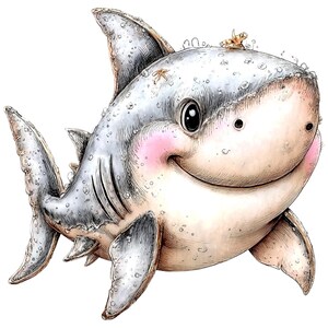 May include: A whimsical illustration of a smiling shark with a light gray body, pink cheeks, and a small turtle on its head. The shark has large, expressive eyes and is surrounded by small bubbles, giving it a playful appearance. The artwork is detailed with shading.