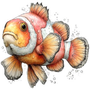 May include: A detailed illustration of a clownfish with orange, white, and red markings. The fish has large, expressive eyes and is surrounded by bubbles. The artwork has a textured, watercolor-like appearance, with fine lines and shading.