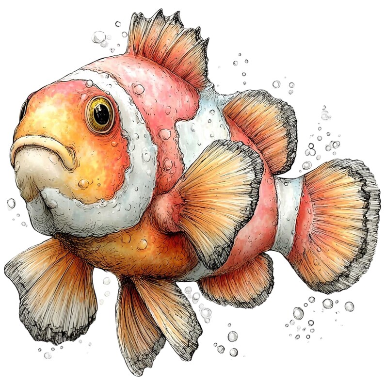May include: A detailed illustration of a clownfish with orange, white, and red markings. The fish has large, expressive eyes and is surrounded by bubbles. The artwork has a textured, watercolor-like appearance, with fine lines and shading.