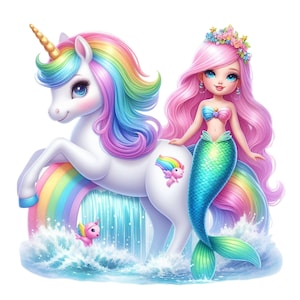 Unicorn Mermaid Clipart Bundle: Watercolor PNG Graphics Commercial Use ...