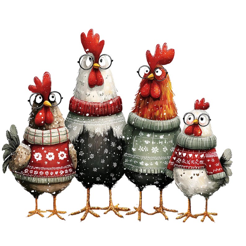 May include: Four cartoon chickens wearing sweaters and glasses. The chickens have red combs and wattles. The sweaters are red, green, and black with snowflake and floral patterns. The background is white.