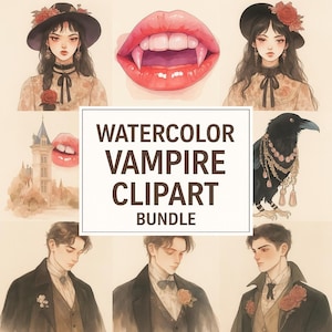 Watercolor Vampire Clipart: Gothic Halloween Dracula PNG Bundle (Digital Download, Commercial Use)
