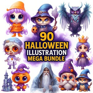 90 Halloween Illustration Mega Bundle,Spooky Watercolor Frame PNG, Gothic Flowers, Fall Wreath Digital Download, Halloween Clipart