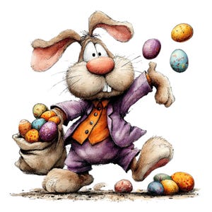 May include: A whimsical illustration of the Easter Bunny juggling colorful Easter eggs. The bunny is dressed in a purple suit with an orange vest, holding a sack of eggs. The eggs are decorated with various patterns and colors, perfect for Easter.