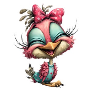 Może przedstawiać: Kresk&oacute;wkowa ilustracja wesołego ptaka w kolorach r&oacute;żu i turkusu. Ptak ma dużą r&oacute;żową kokardę z wzorami serca, zamknięte turkusowe oczy i turkusową koszulę z serduszkami. Ptak uśmiecha się z otwartym dziobem.