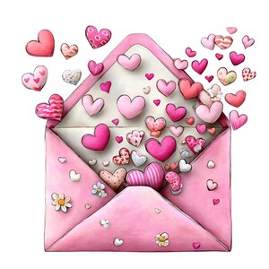 May include: A pink envelope illustration with numerous hearts of varying sizes and patterns. The hearts are in shades of pink, red, and white, some with stripes, polka dots, and floral designs. Small flowers and hearts decorate the envelope.