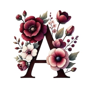 Może przedstawiać: Ilustracja litery "A" z kwiatami. Litera jest w kolorze ciemnobrązowym, otoczona różnymi kwiatami w odcieniach bordowego, różowego i białego, z zielonymi liśćmi. Kwiaty są szczegółowe i wyglądają jak akwarela.