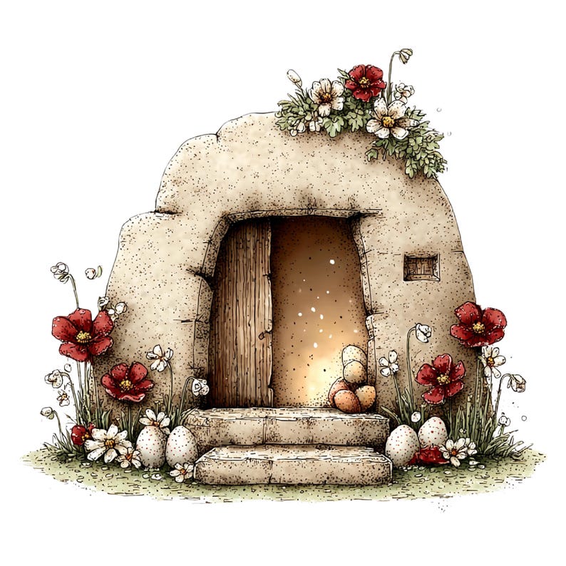 May include: Illustration of a stone structure with an open wooden door, steps, and a small window. Red poppies and white flowers with green foliage surround the entrance. Several decorated eggs are visible near the doorway.
