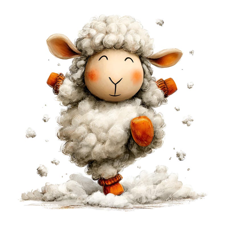 Op de afbeelding: Een grillige illustratie van een schaap met een pluizige witte wollen vacht, roze wangen en oranje wanten en beenwarmers. Het schaap staat in een hoop sneeuw, met een vrolijke uitdrukking. Het kunstwerk heeft een cartoonachtige stijl.