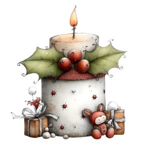 May include: A watercolor illustration of a Christmas candle with a lit flame, holly leaves, and red berries. The candle is decorated with a red and white roof, small red accents, and a small stuffed bunny. Two wrapped gifts are also included.