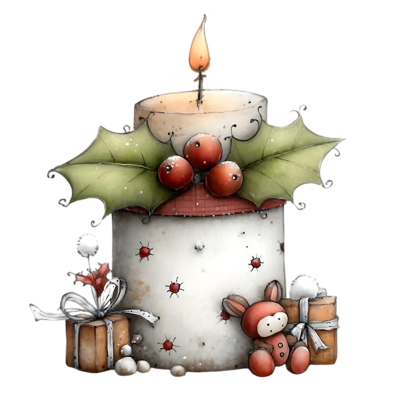 May include: A watercolor illustration of a Christmas candle with a lit flame, holly leaves, and red berries. The candle is decorated with a red and white roof, small red accents, and a small stuffed bunny. Two wrapped gifts are also included.