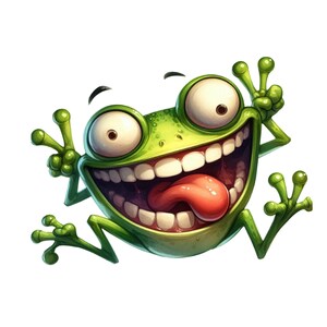 Könnte beinhalten: Ein grüner Cartoon-Frosch mit weit offenem Mund und herausgestreckter Zunge. Der Frosch hat große, runde Augen und macht ein lustiges Gesicht.
