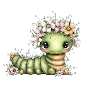 May include: A charming cartoon caterpillar illustration. The green caterpillar is adorned with a floral crown and has large, endearing eyes. The image features a soft colour palette with flowers and foliage, creating a delightful and whimsical design.