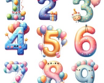 Paquete de 10 globos PNG de feliz cumpleaños, imágenes prediseñadas de acuarela, PNG transparente, descarga digital, imágenes prediseñadas de globos, globos de cumpleaños PNG