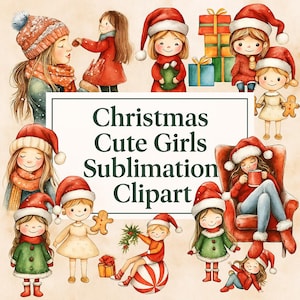 Christmas Girls Watercolor Clipart: Holiday PNG Graphics (Instant Download, Commercial Use)