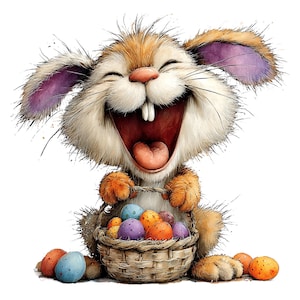 Può includere: Un allegro coniglietto dei cartoni animati con pelliccia marrone, orecchie foderate di viola e una bocca larga e sorridente. Tiene in mano un cestino intrecciato pieno di uova di Pasqua colorate. Diverse uova sono sparse intorno al cestino.