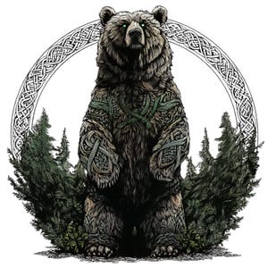 Pode incluir: Ilustração detalhada de um urso pardo em pé, adornado com nós celtas e detalhes verdes. O urso é cercado por árvores perenes e um design celta circular. Os olhos do urso brilham em verde, adicionando um elemento místico à obra.