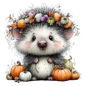 May include: A fluffy hedgehog with white and grey fur, wearing a crown of colorful miniature pumpkins and autumn leaves. The hedgehog is surrounded by several orange, white, and green pumpkins on the ground, all set against a plain white background.