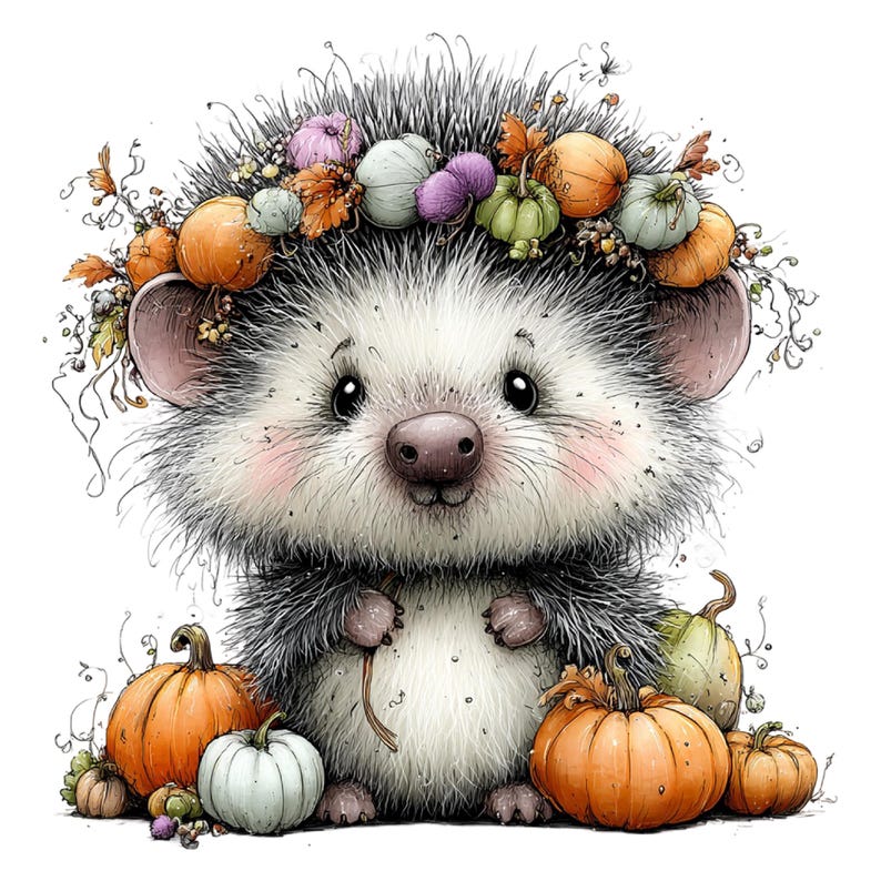 May include: A fluffy hedgehog with white and grey fur, wearing a crown of colorful miniature pumpkins and autumn leaves. The hedgehog is surrounded by several orange, white, and green pumpkins on the ground, all set against a plain white background.