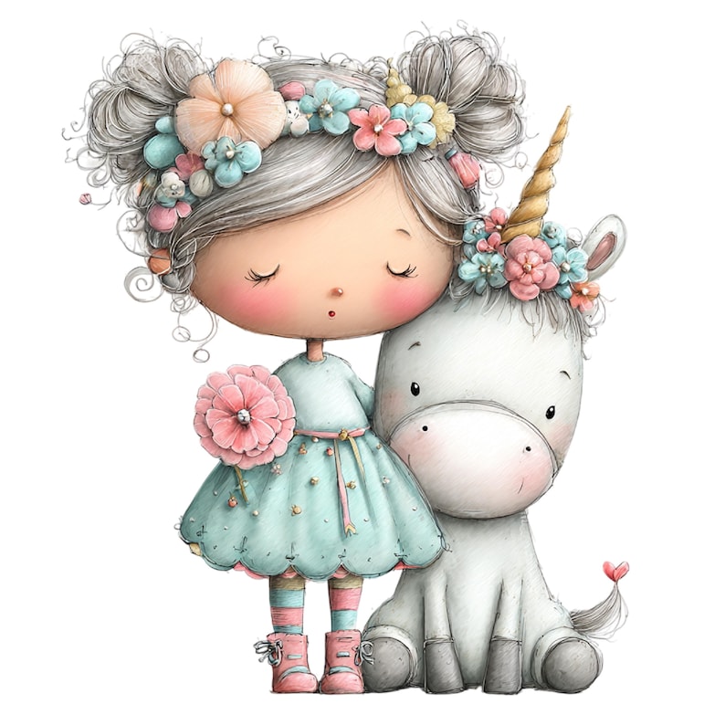 Puede incluir: Ilustraci&oacute;n en acuarela de una ni&ntilde;a y un unicornio. La ni&ntilde;a tiene el pelo gris peinado en mo&ntilde;os y lleva un vestido azul con una flor rosa. El unicornio es blanco con un cuerno dorado y adornos florales.