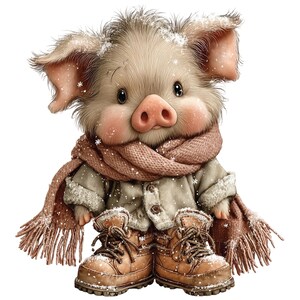 Op de afbeelding: Een schattig cartoonvarken met winterkleding. Het varken heeft een roze neus en roze wangen en draagt een bruine sjaal, een beige jas met een bontkraag en bruine laarzen. Sneeuwvlokken vallen rond het varken.