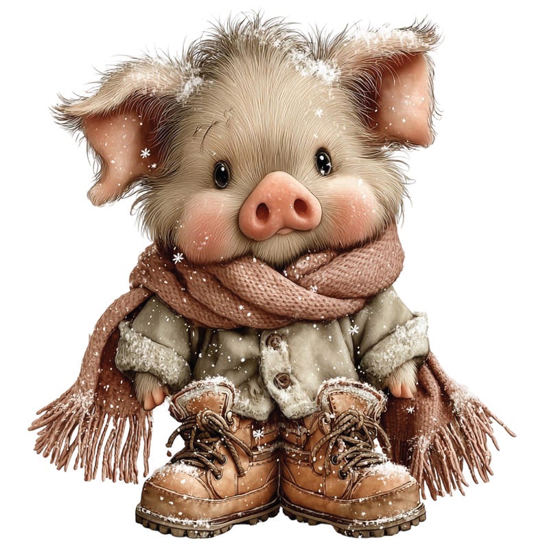 Op de afbeelding: Een schattig cartoonvarken met winterkleding. Het varken heeft een roze neus en roze wangen en draagt een bruine sjaal, een beige jas met een bontkraag en bruine laarzen. Sneeuwvlokken vallen rond het varken.