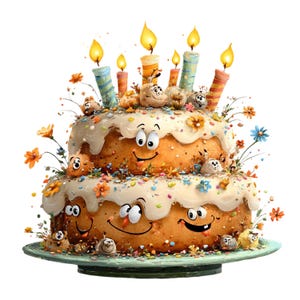 Peut inclure: Un gâteau d'anniversaire à deux niveaux avec un design de visage souriant, orné de bougies allumées et de paillettes colorées. Le gâteau présente une base brun clair avec un glaçage blanc et est décoré de personnages de dessins animés et de fleurs. Il repose sur une assiette verte.