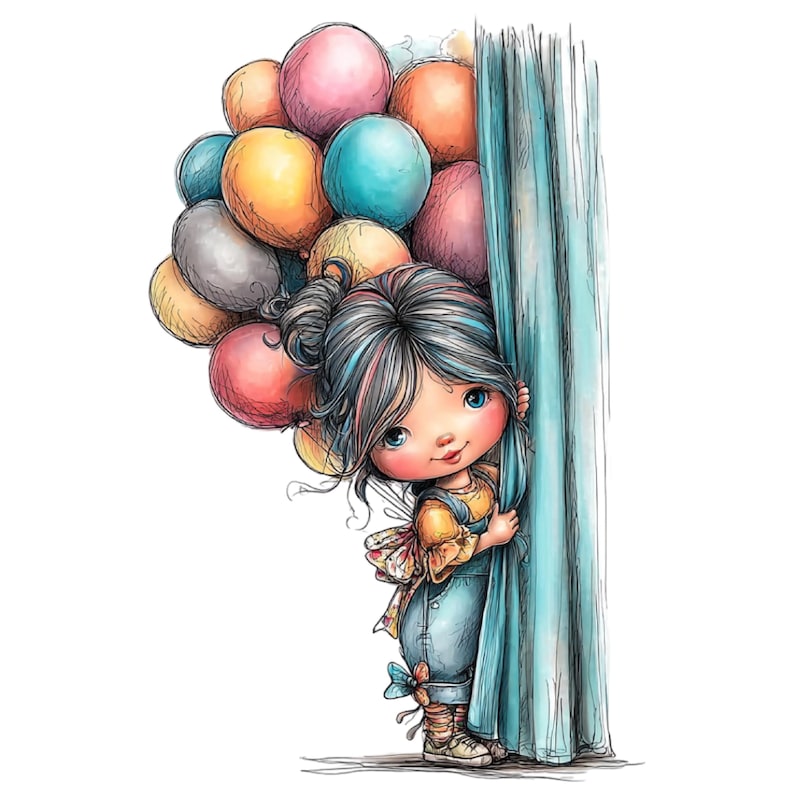 K&ouml;nnte beinhalten: Aquarellillustration eines jungen M&auml;dchens, das hinter einem blauen Vorhang hervorlugt und einen Haufen bunter Luftballons h&auml;lt. Sie tr&auml;gt ein gelbes Oberteil, eine Jeans-Latzhose und Turnschuhe. Die Ballons sind in Rosa-, Orange-, Blau- und Gelbt&ouml;nen gehalten.