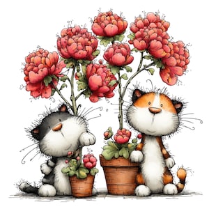 May include: A whimsical illustration features two cartoon cats with large eyes and whiskers. One cat is black and white, the other orange and white. They are positioned near potted plants with vibrant pink flowers and a larger floral arrangement.