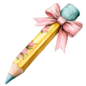 May include: A watercolour illustration of a yellow pencil decorated with pink floral patterns and a light blue eraser. A pink bow is tied around the eraser. The pencil tip is light brown with a light blue tip.