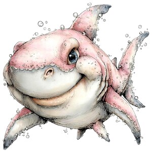 May include: A whimsical illustration of a pink shark with a friendly expression. The shark has detailed features, including a wide smile, blue eyes, and bubbles around its body. The artwork is detailed and appears to be hand-drawn.