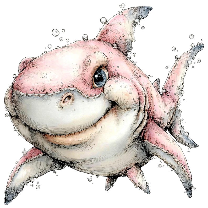 May include: A whimsical illustration of a pink shark with a friendly expression. The shark has detailed features, including a wide smile, blue eyes, and bubbles around its body. The artwork is detailed and appears to be hand-drawn.