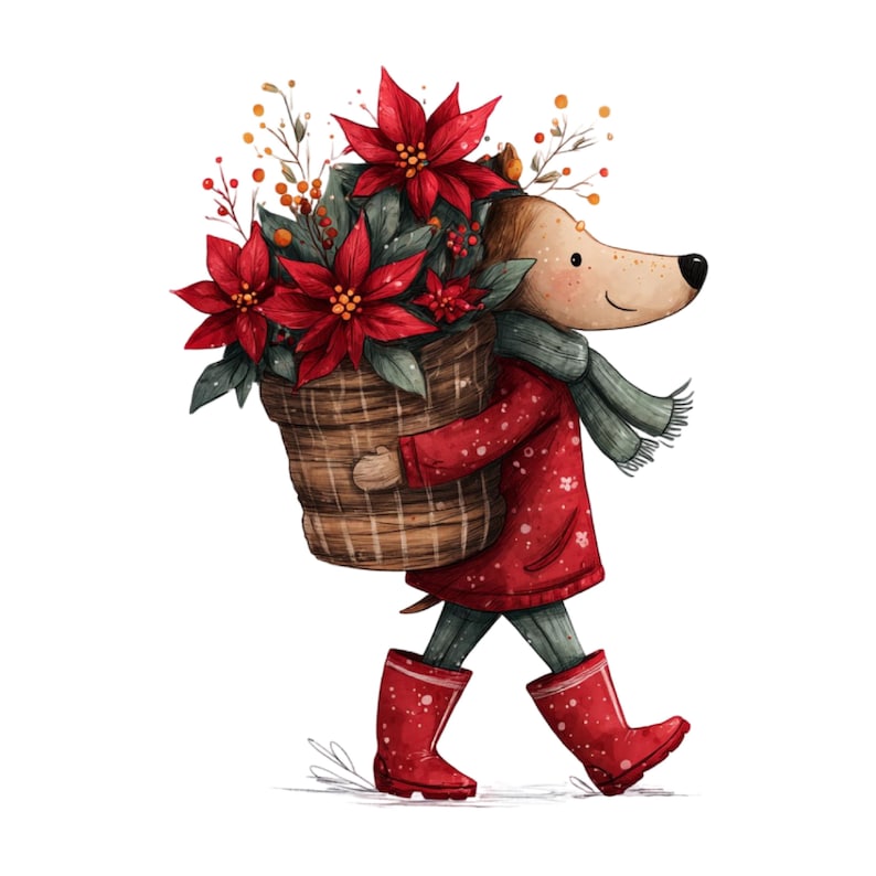 Pu&ograve; includere: Illustrazione ad acquerello di un cane con cappotto rosso, stivali e sciarpa, che trasporta un cesto di stelle di Natale rosse. Il cane sta camminando, con un cesto di fiori sulla schiena. L'immagine ha un tema festivo e natalizio.