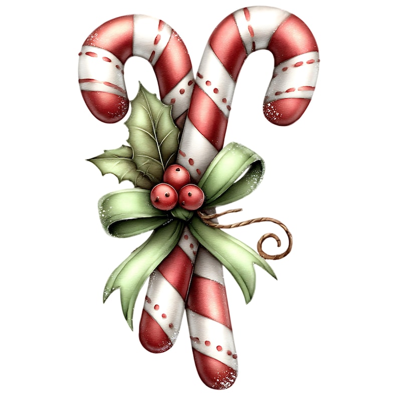 May include: Two candy canes with red and white stripes, decorated with a green bow, holly leaves, and red berries. The candy canes are slightly curved and tied together with a brown twine.