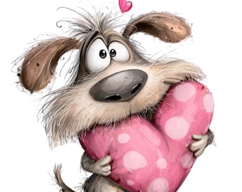 May include: A cartoon illustration of a dog hugging a pink heart with white polka dots. The dog has brown and gray fur, big eyes, and a small pink heart floating above its head. The image is on a white background.