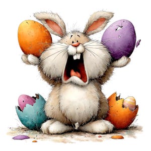 May include: A cartoon illustration of a surprised bunny holding an orange egg and a purple egg. The bunny has a wide open mouth and is surrounded by cracked Easter eggs in blue, orange, and pink.