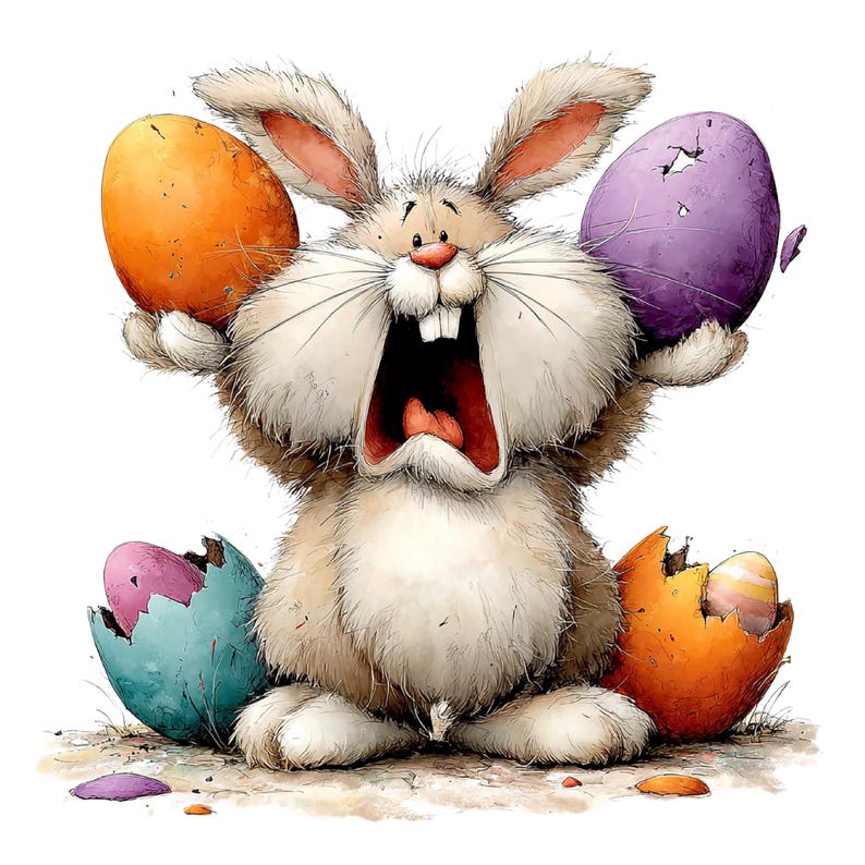 May include: A cartoon illustration of a surprised bunny holding an orange egg and a purple egg. The bunny has a wide open mouth and is surrounded by cracked Easter eggs in blue, orange, and pink.