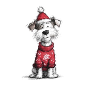 Pu&ograve; includere: Un'illustrazione stravagante di un cane che indossa un maglione rosso lavorato a maglia con un motivo a fiocco di neve e un cappello rosso abbinato con un pompon bianco. Il cane ha un naso nero, pelo marrone e bianco e un'espressione amichevole, perfetto per le vacanze.