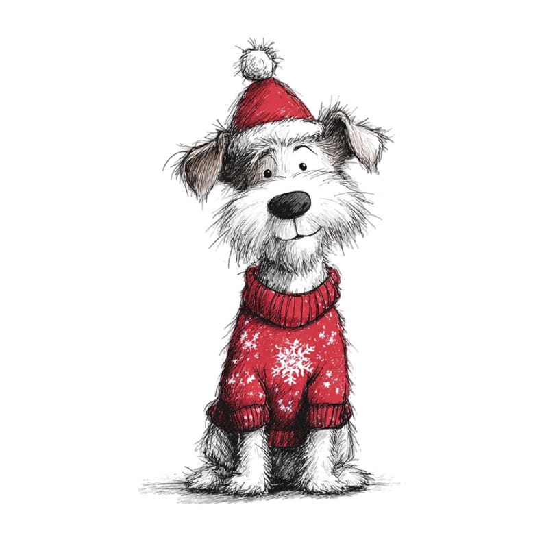 Pu&ograve; includere: Un'illustrazione stravagante di un cane che indossa un maglione rosso lavorato a maglia con un motivo a fiocco di neve e un cappello rosso abbinato con un pompon bianco. Il cane ha un naso nero, pelo marrone e bianco e un'espressione amichevole, perfetto per le vacanze.