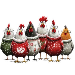 May include: A whimsical illustration of seven chickens, each wearing a festive sweater and a snowy collar. The chickens are in various colors, including white, black, and orange, and some wear glasses. The sweaters are red, green, and white, with snowflake and holiday designs.