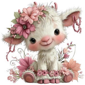 Puede incluir: Ilustración de una cabra blanca y esponjosa con una corona floral y flores rosas. La cabra tiene una expresión dulce, mejillas rosadas y ojos grandes. La imagen está llena de elementos florales rosas y melocotón.