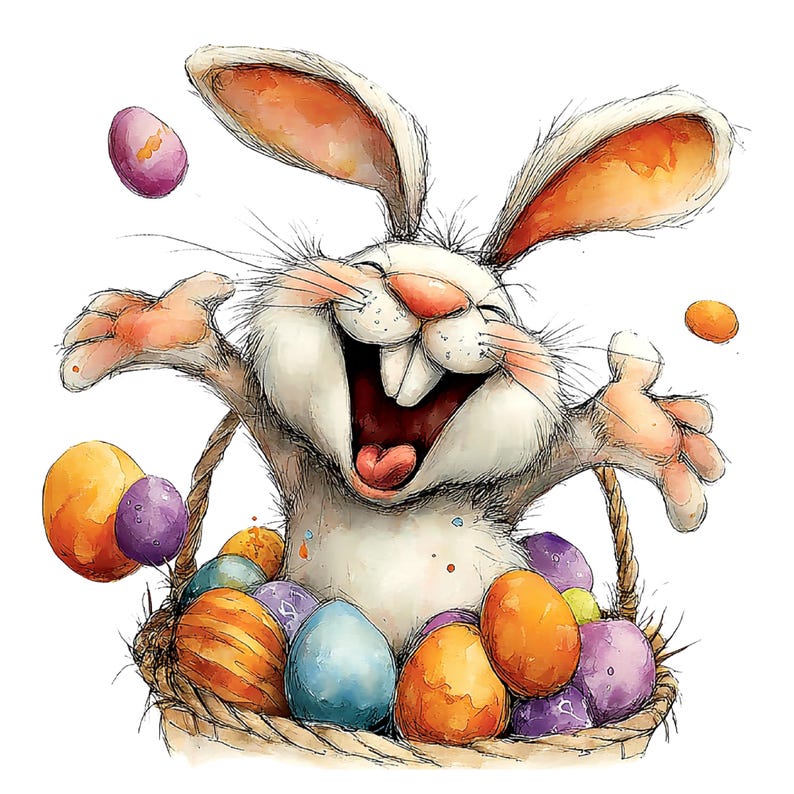 May include: A watercolor illustration of a cheerful Easter bunny with a wide grin, arms outstretched, and a basket filled with colorful Easter eggs. The bunny is white with orange-tinged ears and paws. The eggs are various colors, including orange, blue, and purple.