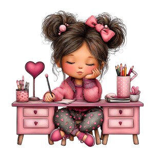 May include: A digital illustration of a girl with brown hair and a pink bow, seated at a pink desk. She is wearing a pink jacket and gray pants with heart patterns. The desk has drawers, a heart-shaped lamp, and a pencil holder with colored pencils.