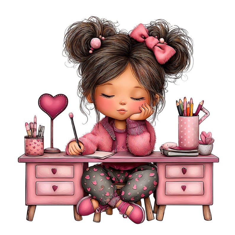 May include: A digital illustration of a girl with brown hair and a pink bow, seated at a pink desk. She is wearing a pink jacket and gray pants with heart patterns. The desk has drawers, a heart-shaped lamp, and a pencil holder with colored pencils.