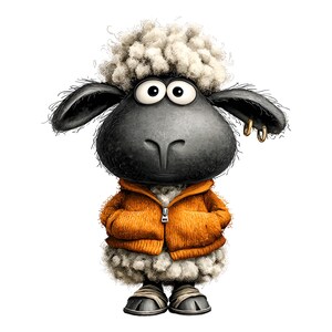Op de afbeelding: Een cartoon illustratie van een schaap met een zwart gezicht en oren, gekleed in een oranje jas. Het schaap heeft grote ogen, een pluizige witte kop en twee gouden oorringen. Het schaap staat met zijn handen in zijn zakken.