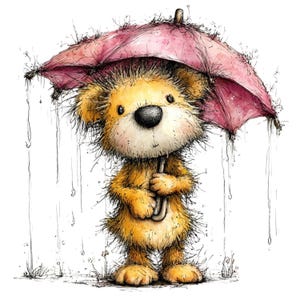 May include: A whimsical illustration of a teddy bear holding a pink umbrella in the rain. The bear has a yellow-orange fur, a black nose, and is drawn in a sketchy style. Raindrops are depicted falling around the bear, creating a charming, storybook feel.