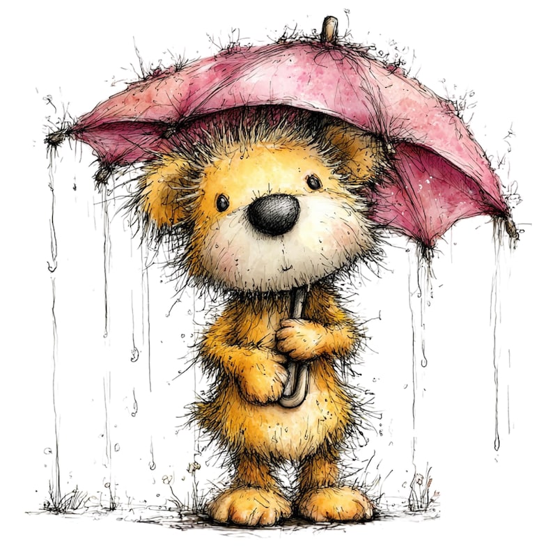 May include: A whimsical illustration of a teddy bear holding a pink umbrella in the rain. The bear has a yellow-orange fur, a black nose, and is drawn in a sketchy style. Raindrops are depicted falling around the bear, creating a charming, storybook feel.